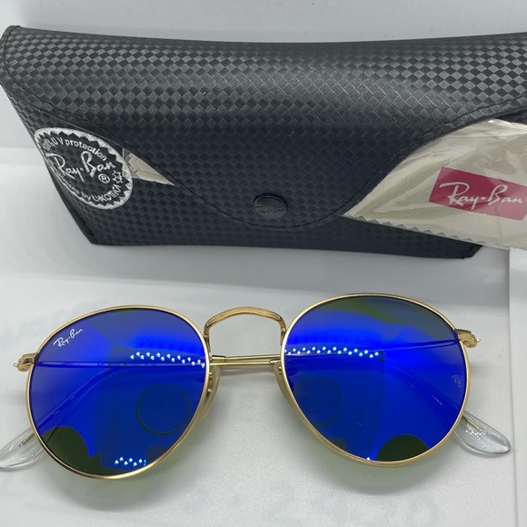 Brand New Rayban Round Rb3447 Gold with Flash Blue - Picture 4 of 8
